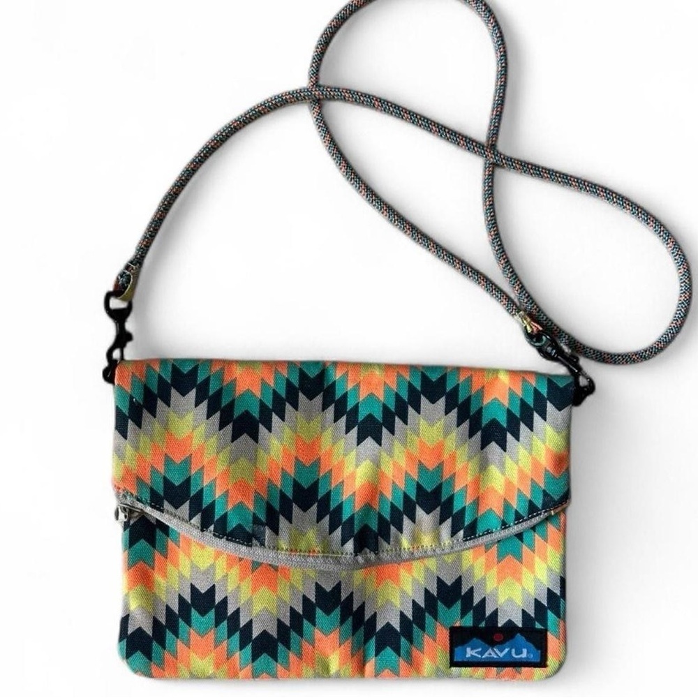 KAVU Sling Along Crossbody Bag | Bold Geometric Pattern | Fold-Over Style